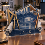 Artwork visualization: Architect drafting lines — home office desk refresh, personalized JACK, subject-shaped acrylic with printed optical 3D depth; not carved relief.
