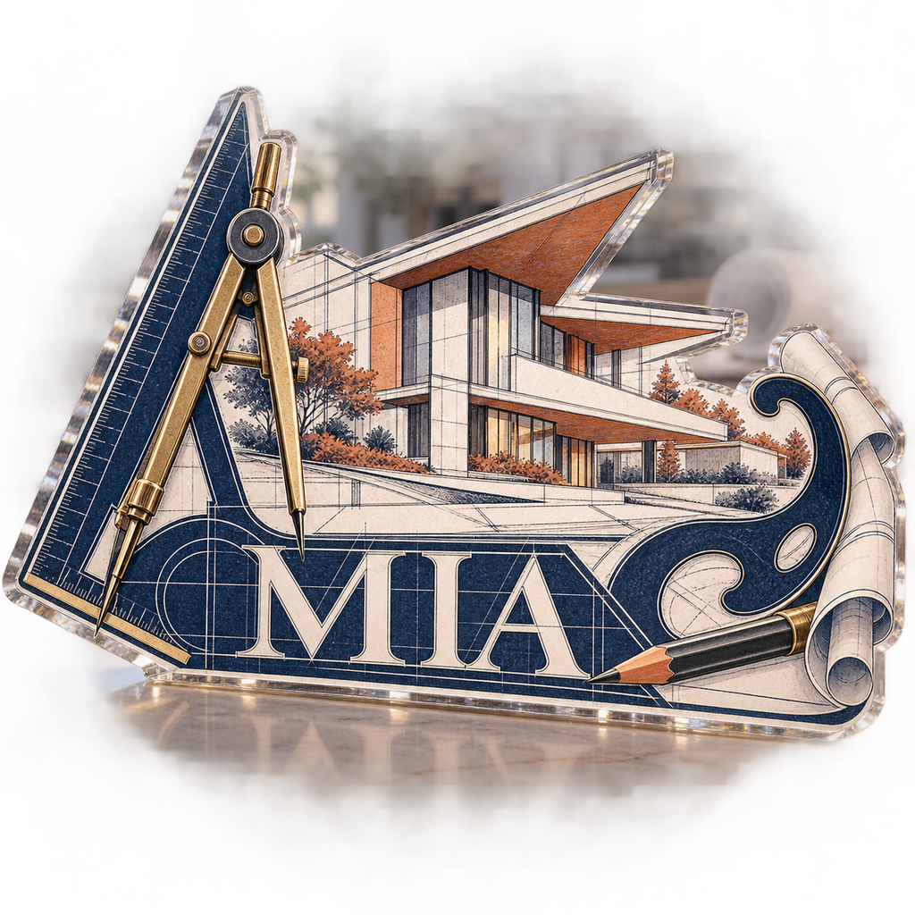 Artwork visualization: Architect drafting lines — personalized workstation, personalized MIA, subject-shaped acrylic with printed optical 3D depth; not carved relief.