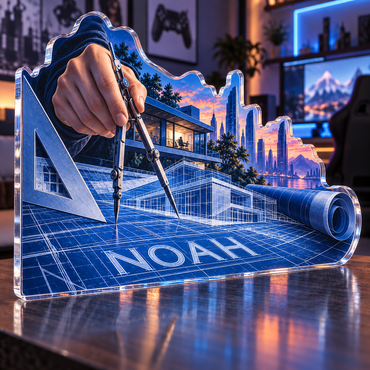 Artwork visualization: Architect drafting lines — gaming room wall, personalized NOAH, subject-shaped acrylic with printed optical 3D depth; not carved relief.