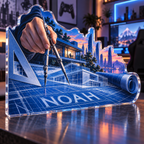 Artwork visualization: Architect drafting lines — gaming room wall, personalized NOAH, subject-shaped acrylic with printed optical 3D depth; not carved relief.