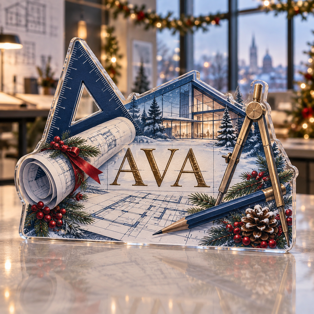 Artwork visualization: Architect drafting lines — streaming backdrop, personalized AVA, subject-shaped acrylic with printed optical 3D depth; not carved relief.