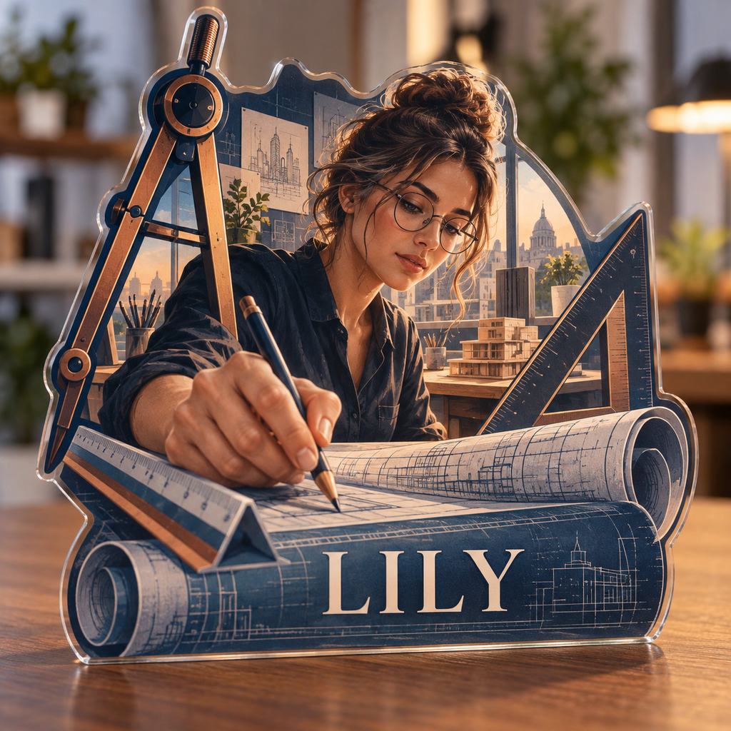 Artwork visualization: Architect drafting lines — creative studio gift, personalized LILY, subject-shaped acrylic with printed optical 3D depth; not carved relief.