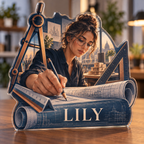 Artwork visualization: Architect drafting lines — creative studio gift, personalized LILY, subject-shaped acrylic with printed optical 3D depth; not carved relief.