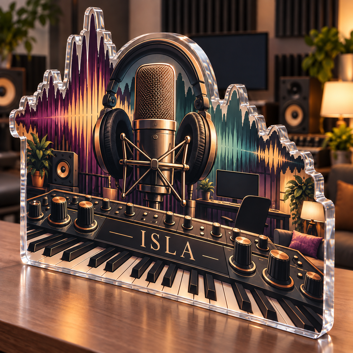 Artwork visualization: Music studio waveform — home office desk refresh, personalized ISLA, subject-shaped acrylic with printed optical 3D depth; not carved relief.