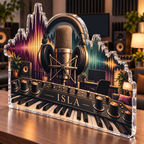 Artwork visualization: Music studio waveform — home office desk refresh, personalized ISLA, subject-shaped acrylic with printed optical 3D depth; not carved relief.