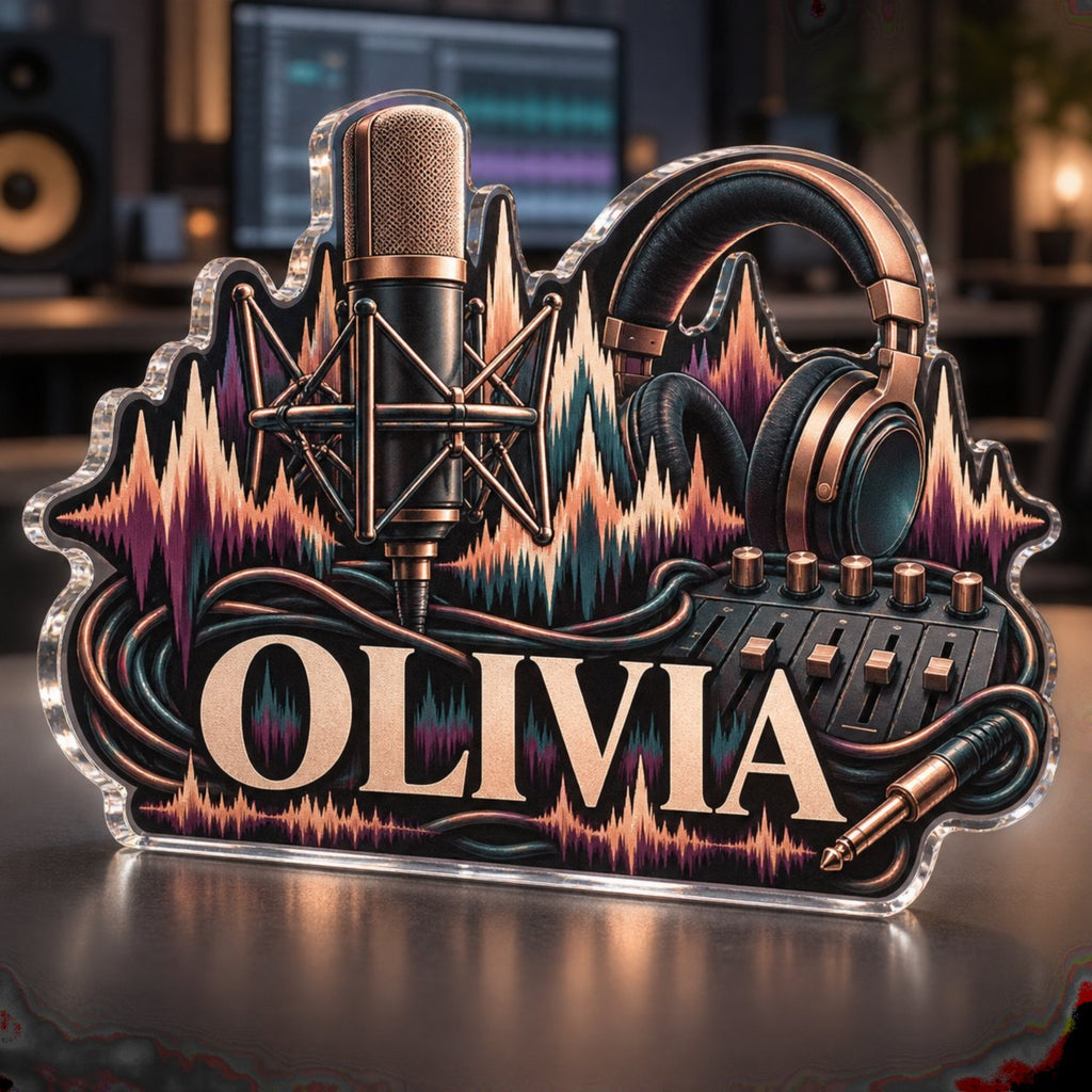 Personalized Music Studio Waveform Workstation custom shape acrylic plaque with an example name set into the artwork, digital preview