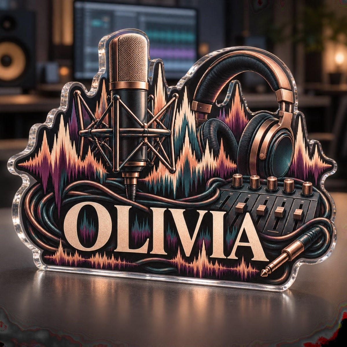 Personalized Music Studio Waveform Workstation custom shape acrylic plaque with an example name set into the artwork, digital preview
