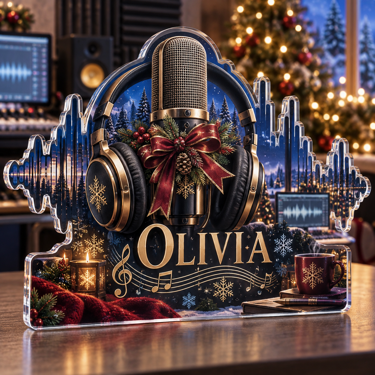 Artwork visualization: Music studio waveform — streaming backdrop, personalized OLIVIA, subject-shaped acrylic with printed optical 3D depth; not carved relief.