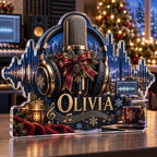 Artwork visualization: Music studio waveform — streaming backdrop, personalized OLIVIA, subject-shaped acrylic with printed optical 3D depth; not carved relief.