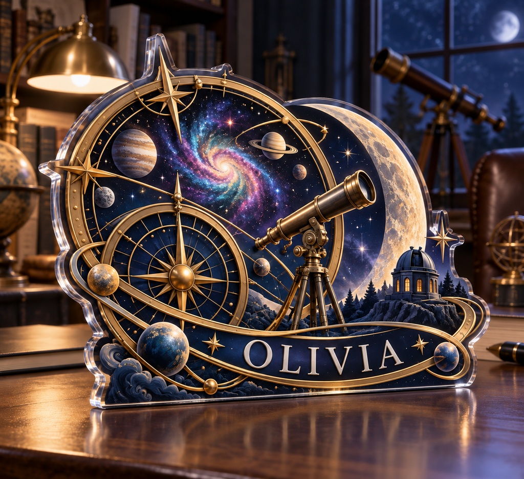 Artwork visualization: Astronomy coordinate grid — home office desk refresh, personalized OLIVIA, subject-shaped acrylic with printed optical 3D depth; not carved relief.