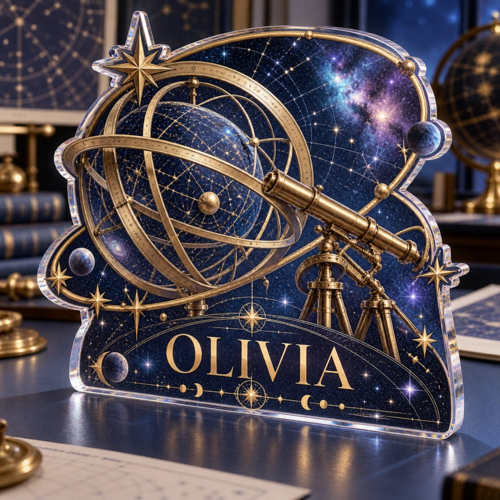 Personalized Astronomy Coordinate Grid Workstation custom shape acrylic plaque with an example name set into the artwork, digital preview