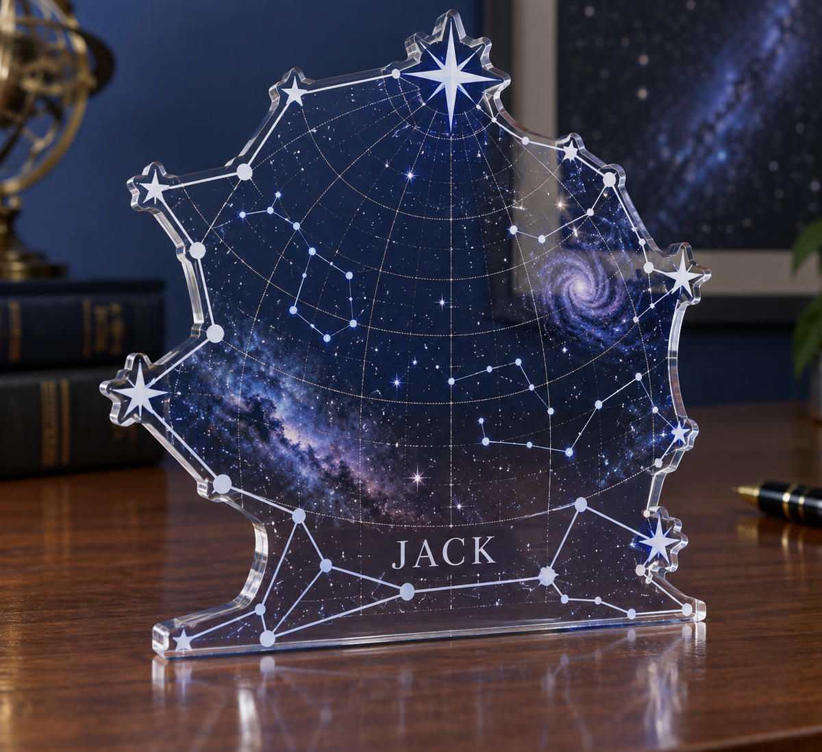 Artwork visualization: Astronomy coordinate grid — student study space, personalized JACK, subject-shaped acrylic with printed optical 3D depth; not carved relief.