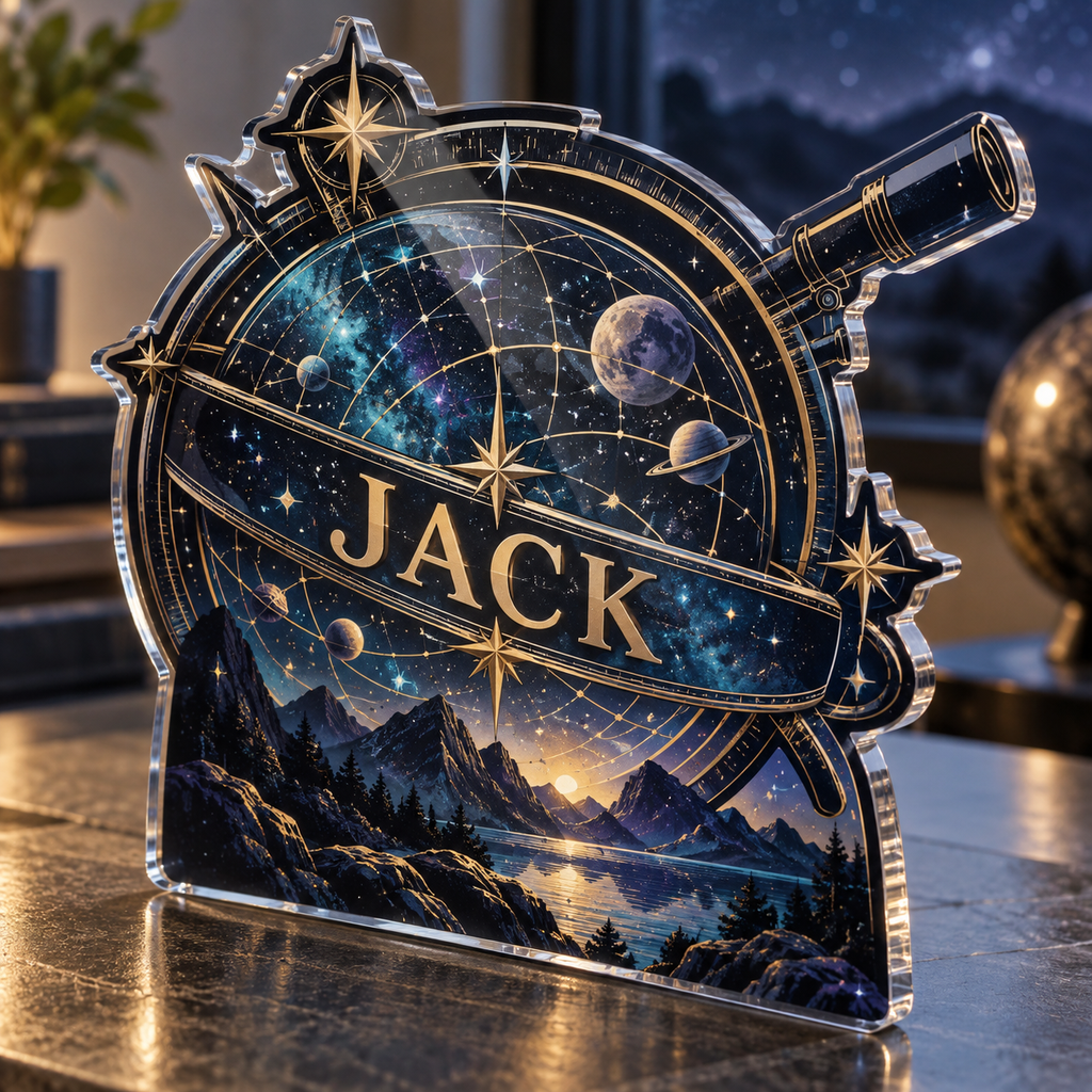 Artwork visualization: Astronomy coordinate grid — gaming room wall, personalized JACK, subject-shaped acrylic with printed optical 3D depth; not carved relief.