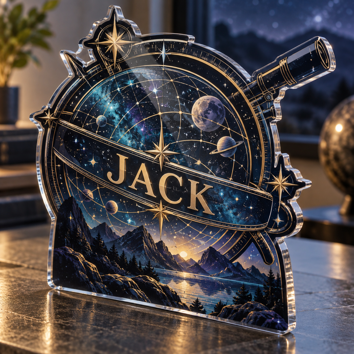 Artwork visualization: Astronomy coordinate grid — gaming room wall, personalized JACK, subject-shaped acrylic with printed optical 3D depth; not carved relief.