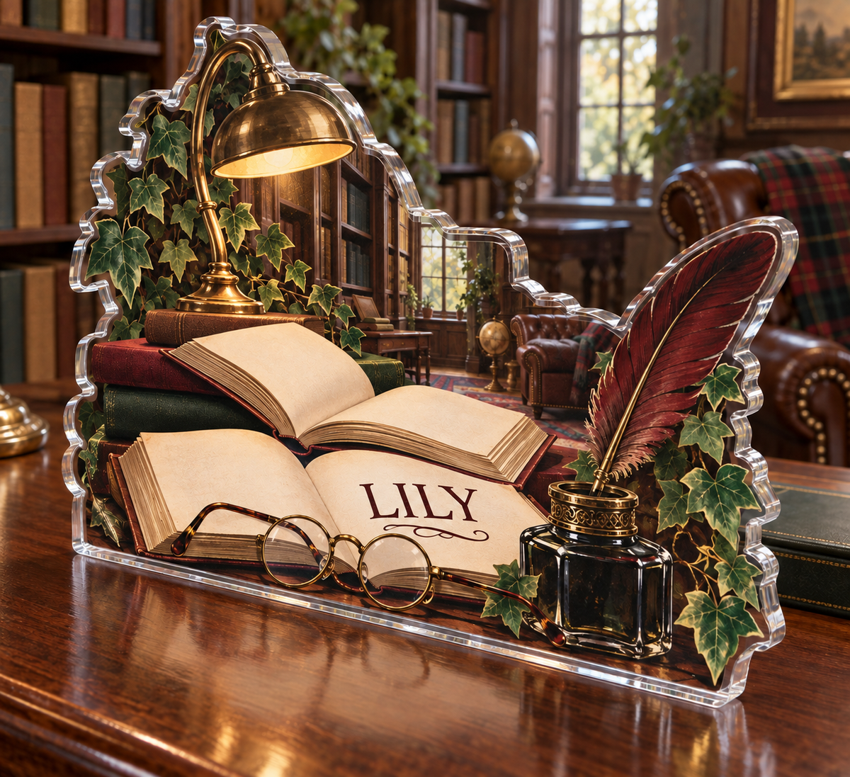 Artwork visualization: Library desk still life — home office desk refresh, personalized LILY, subject-shaped acrylic with printed optical 3D depth; not carved relief.