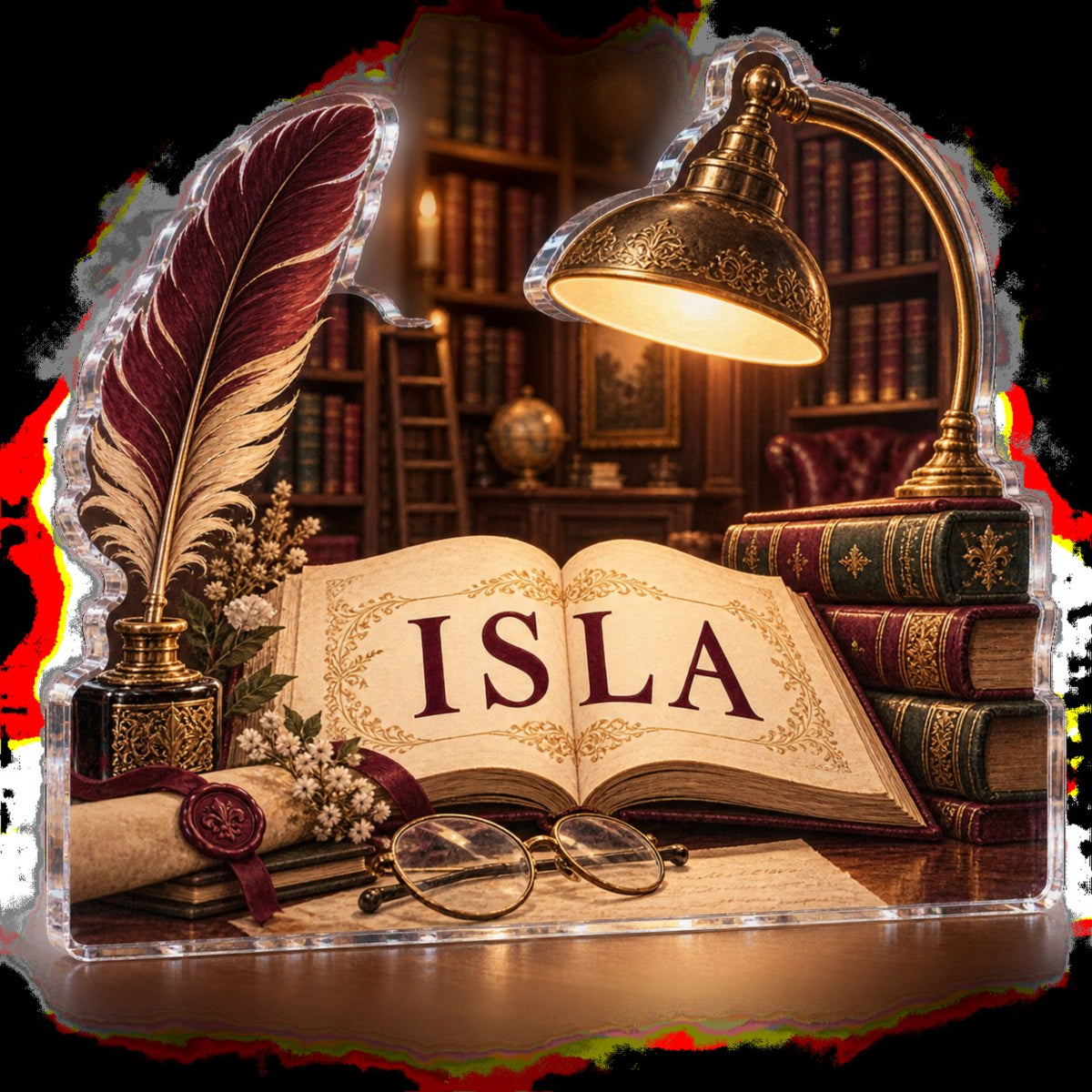 Personalized Library Desk Still Life Workstation custom shape acrylic plaque with an example name set into the artwork, digital preview