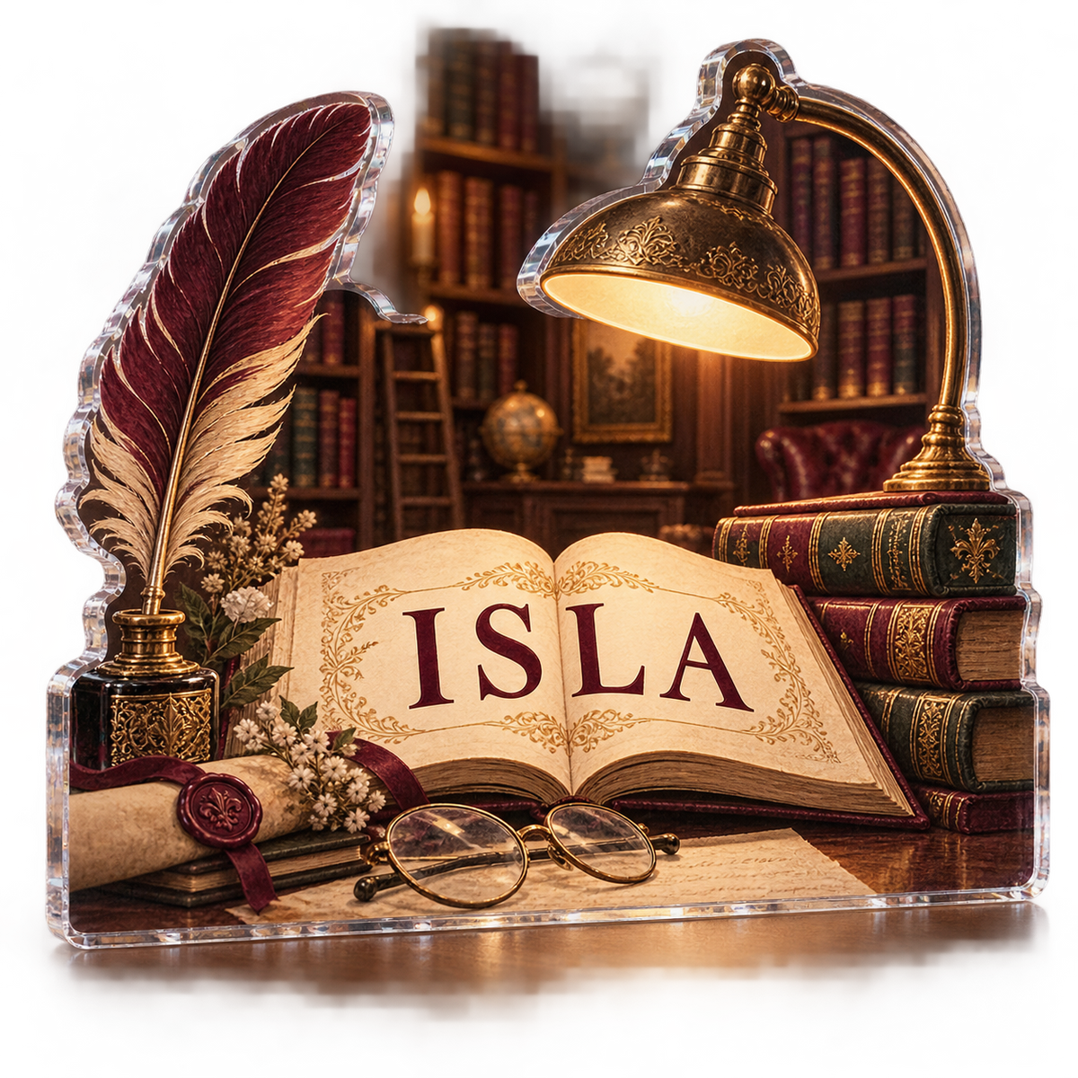 Artwork visualization: Library desk still life — personalized workstation, personalized ISLA, subject-shaped acrylic with printed optical 3D depth; not carved relief.