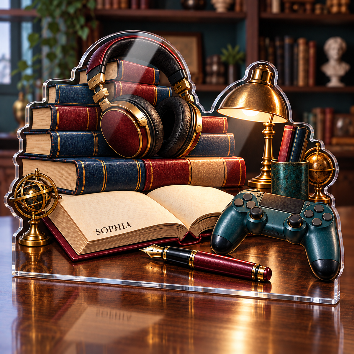 Artwork visualization: Library desk still life — gaming room wall, personalized SOPHIA, subject-shaped acrylic with printed optical 3D depth; not carved relief.
