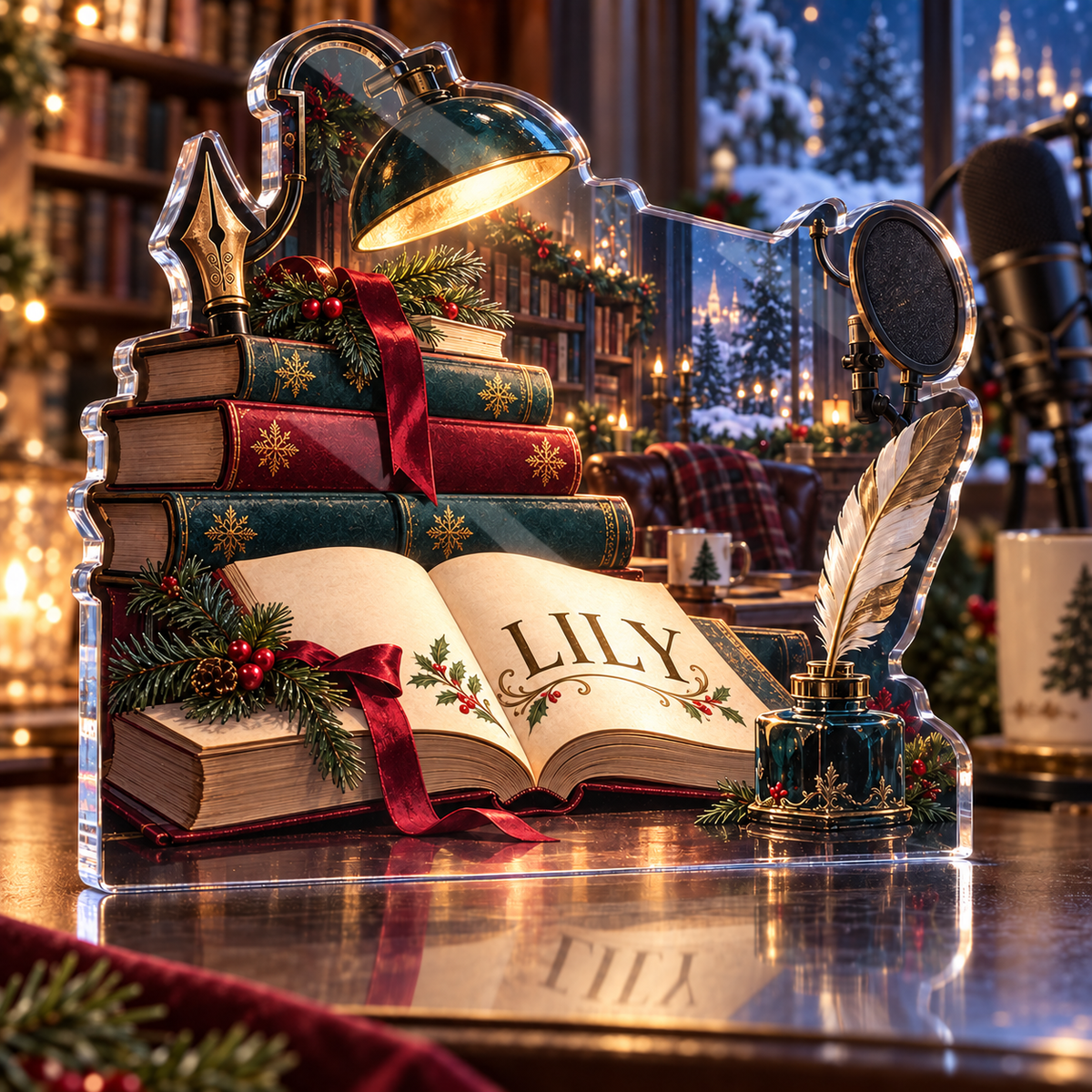 Artwork visualization: Library desk still life — streaming backdrop, personalized LILY, subject-shaped acrylic with printed optical 3D depth; not carved relief.