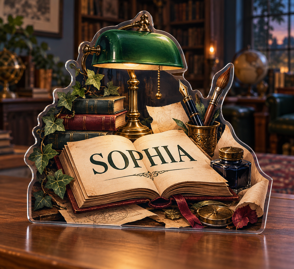 Artwork visualization: Library desk still life — creative studio gift, personalized SOPHIA, subject-shaped acrylic with printed optical 3D depth; not carved relief.
