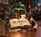 Artwork visualization: Library desk still life — creative studio gift, personalized SOPHIA, subject-shaped acrylic with printed optical 3D depth; not carved relief.
