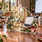 Artwork visualization: Tea and work corner — home office desk refresh, personalized ISLA, subject-shaped acrylic with printed optical 3D depth; not carved relief.