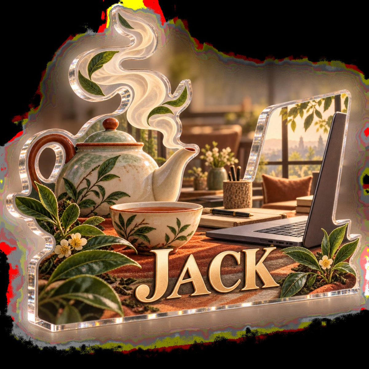 Personalized Tea And Work Corner Workstation custom shape acrylic plaque with an example name set into the artwork, digital preview