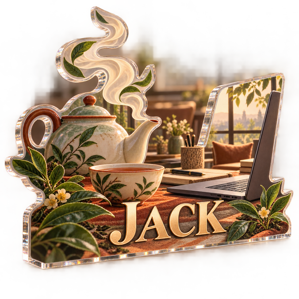 Artwork visualization: Tea and work corner — personalized workstation, personalized JACK, subject-shaped acrylic with printed optical 3D depth; not carved relief.