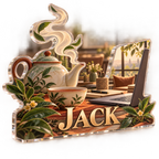 Artwork visualization: Tea and work corner — personalized workstation, personalized JACK, subject-shaped acrylic with printed optical 3D depth; not carved relief.