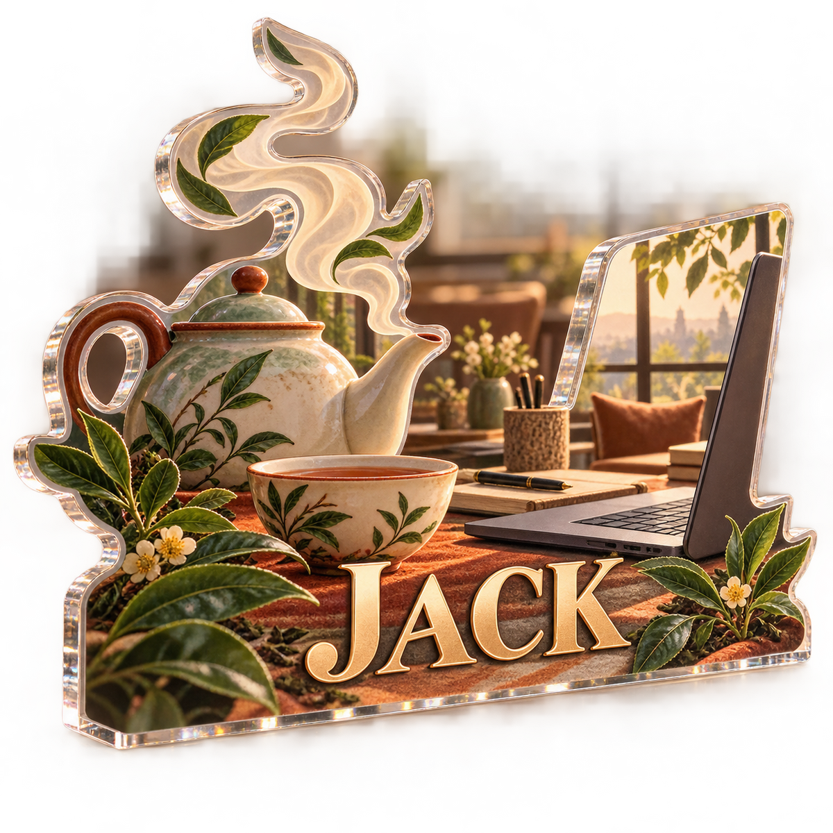 Artwork visualization: Tea and work corner — personalized workstation, personalized JACK, subject-shaped acrylic with printed optical 3D depth; not carved relief.