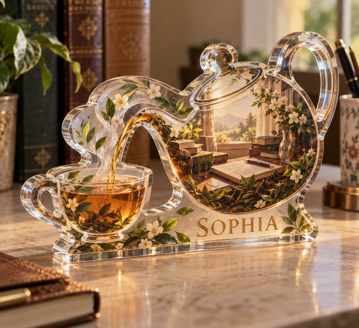 Artwork visualization: Tea and work corner — student study space, personalized SOPHIA, subject-shaped acrylic with printed optical 3D depth; not carved relief.