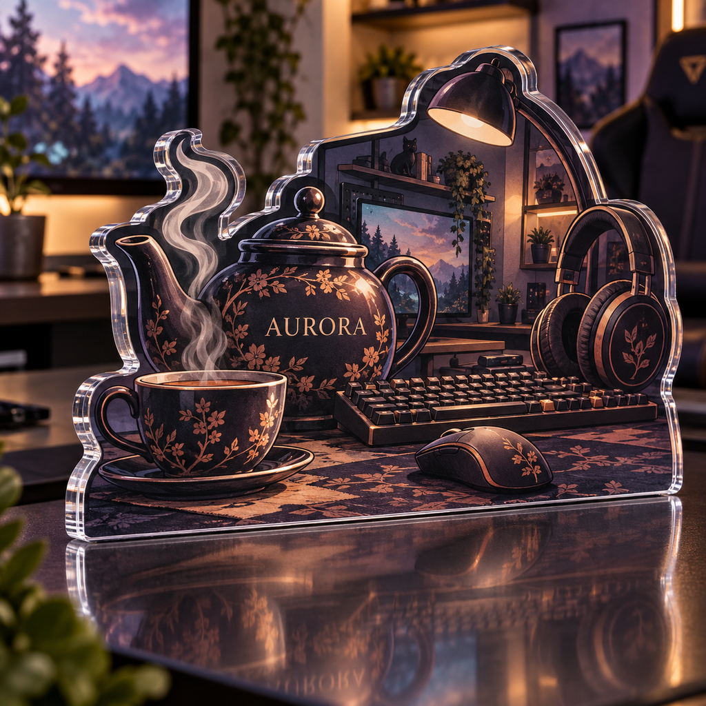 Artwork visualization: Tea and work corner — gaming room wall, personalized AURORA, subject-shaped acrylic with printed optical 3D depth; not carved relief.