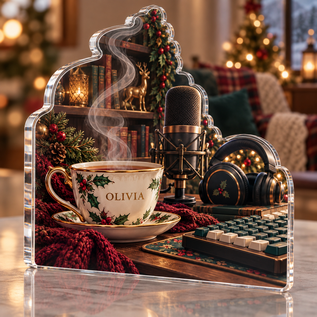 Artwork visualization: Tea and work corner — streaming backdrop, personalized OLIVIA, subject-shaped acrylic with printed optical 3D depth; not carved relief.