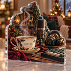 Artwork visualization: Tea and work corner — streaming backdrop, personalized OLIVIA, subject-shaped acrylic with printed optical 3D depth; not carved relief.