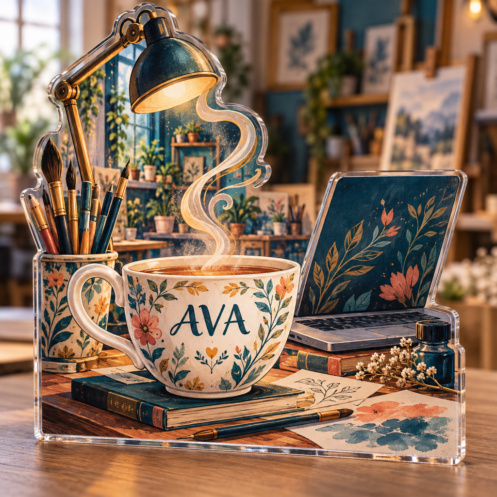 Artwork visualization: Tea and work corner — creative studio gift, personalized AVA, subject-shaped acrylic with printed optical 3D depth; not carved relief.