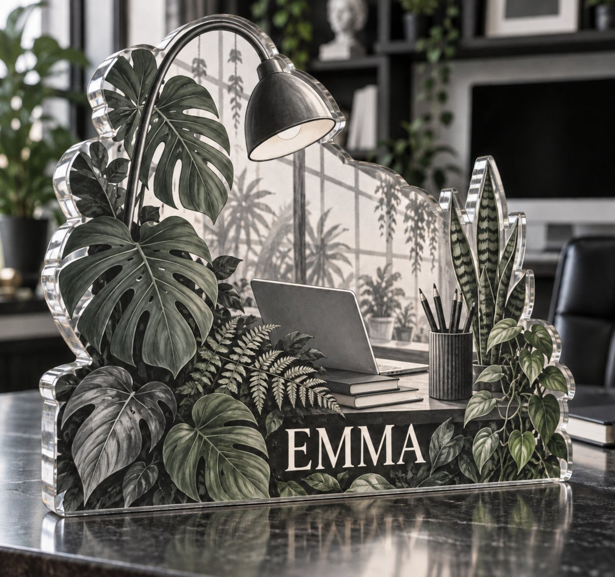 Personalized Monochrome Botanical Workspace Home Office Desk Refresh custom shape acrylic plaque with an example name set into the artwork, digital preview