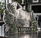 Artwork visualization: Monochrome botanical workspace — home office desk refresh, personalized EMMA, subject-shaped acrylic with printed optical 3D depth; not carved relief.