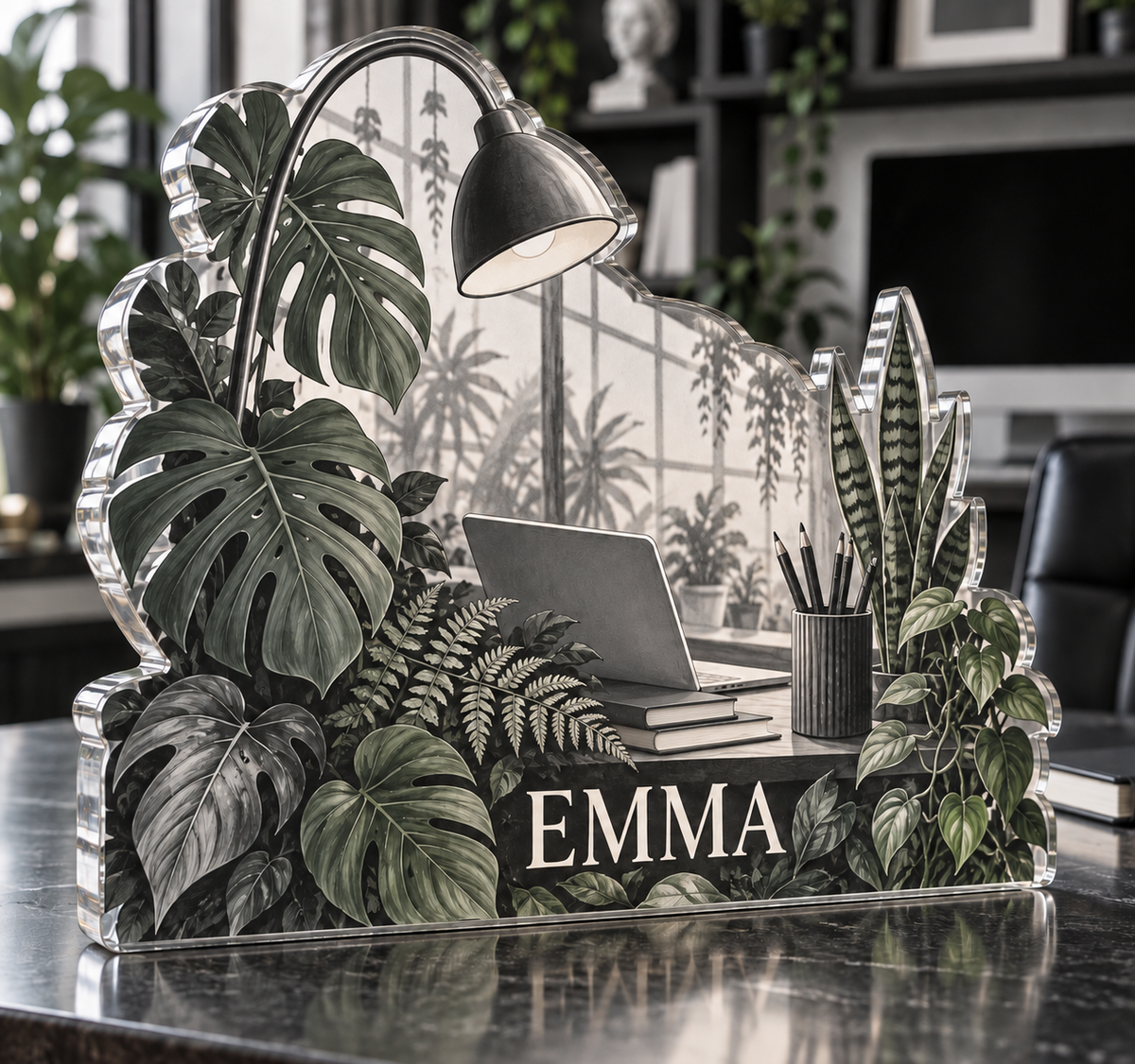 Artwork visualization: Monochrome botanical workspace — home office desk refresh, personalized EMMA, subject-shaped acrylic with printed optical 3D depth; not carved relief.