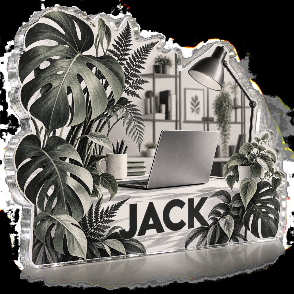 Personalized Monochrome Botanical Workspace Workstation custom shape acrylic plaque with an example name set into the artwork, digital preview