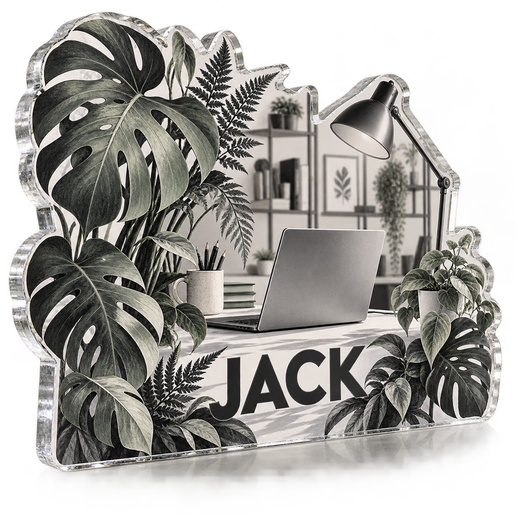 Artwork visualization: Monochrome botanical workspace — personalized workstation, personalized JACK, subject-shaped acrylic with printed optical 3D depth; not carved relief.