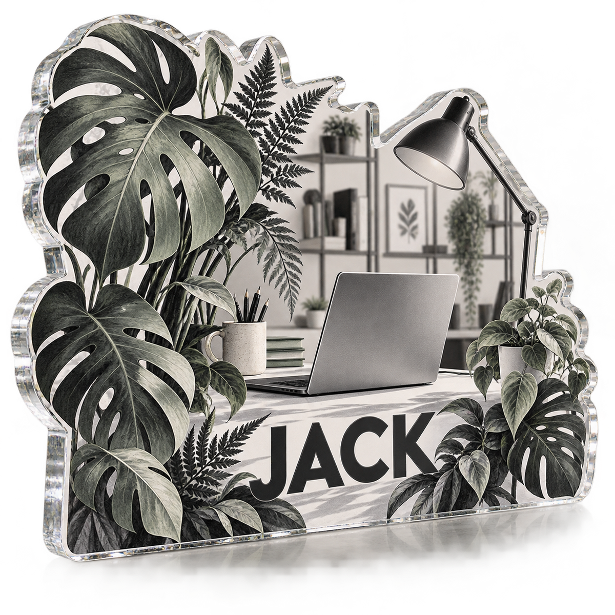 Artwork visualization: Monochrome botanical workspace — personalized workstation, personalized JACK, subject-shaped acrylic with printed optical 3D depth; not carved relief.
