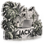 Artwork visualization: Monochrome botanical workspace — personalized workstation, personalized JACK, subject-shaped acrylic with printed optical 3D depth; not carved relief.