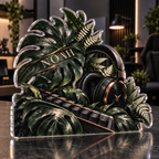 Artwork visualization: Monochrome botanical workspace — gaming room wall, personalized NOAH, subject-shaped acrylic with printed optical 3D depth; not carved relief.