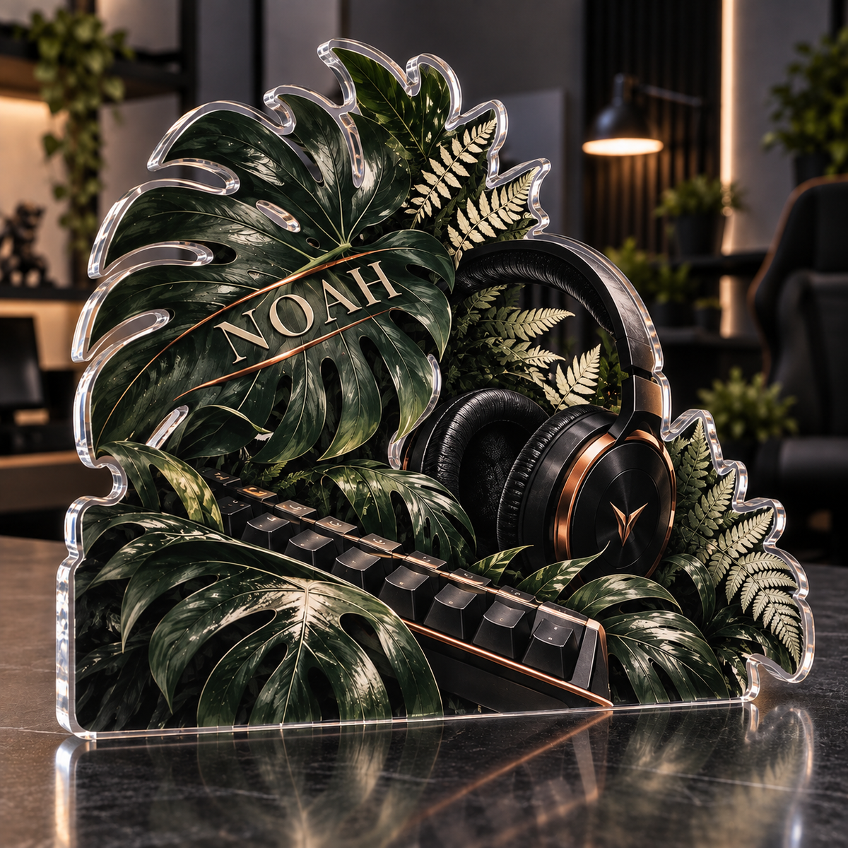 Artwork visualization: Monochrome botanical workspace — gaming room wall, personalized NOAH, subject-shaped acrylic with printed optical 3D depth; not carved relief.