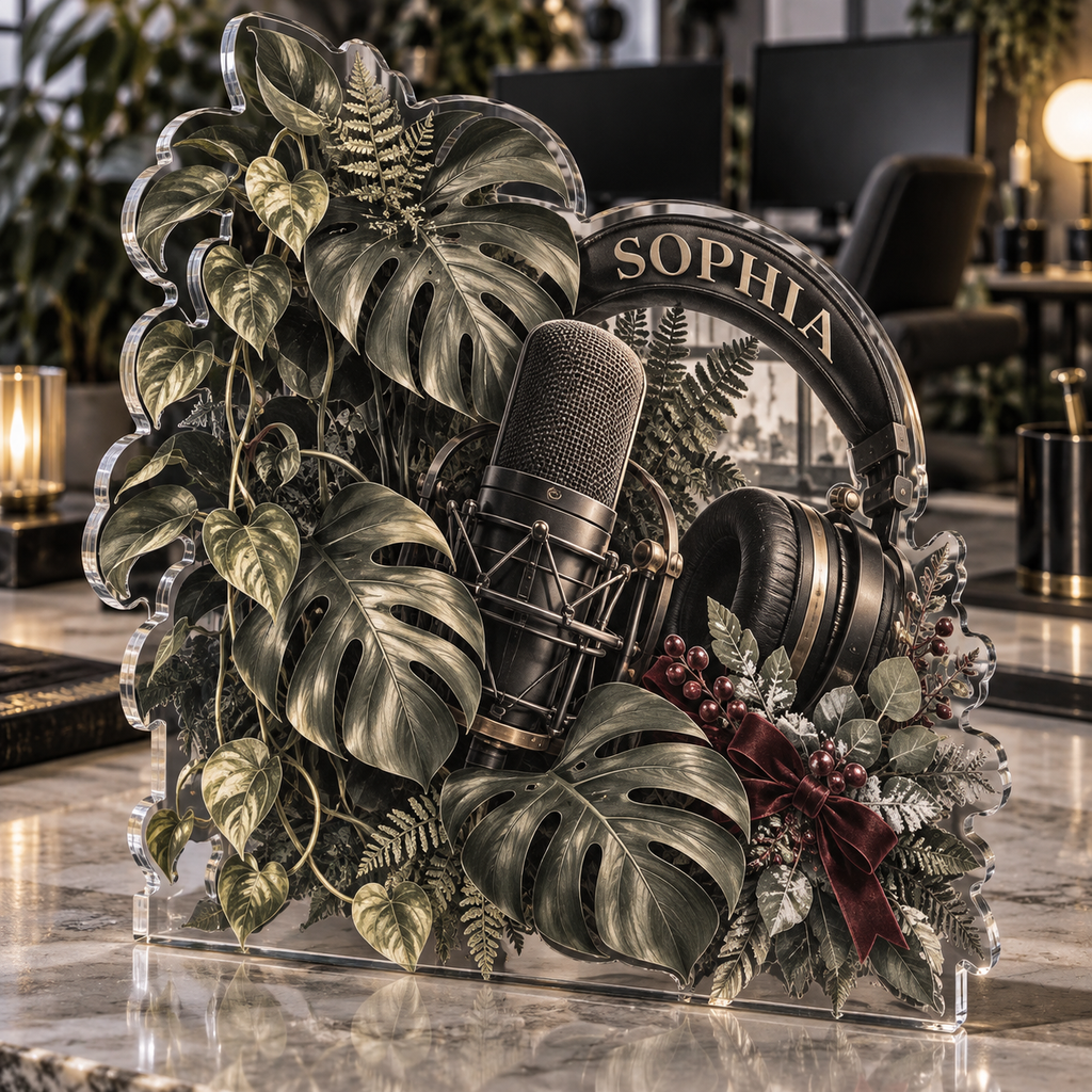 Artwork visualization: Monochrome botanical workspace — streaming backdrop, personalized SOPHIA, subject-shaped acrylic with printed optical 3D depth; not carved relief.