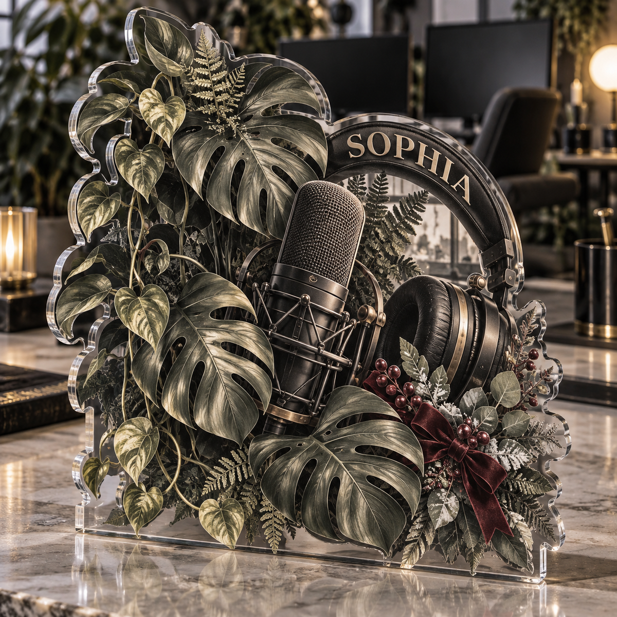 Artwork visualization: Monochrome botanical workspace — streaming backdrop, personalized SOPHIA, subject-shaped acrylic with printed optical 3D depth; not carved relief.