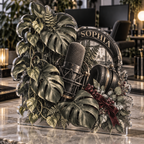 Artwork visualization: Monochrome botanical workspace — streaming backdrop, personalized SOPHIA, subject-shaped acrylic with printed optical 3D depth; not carved relief.
