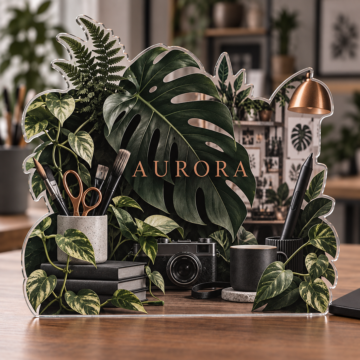 Artwork visualization: Monochrome botanical workspace — creative studio gift, personalized AURORA, subject-shaped acrylic with printed optical 3D depth; not carved relief.