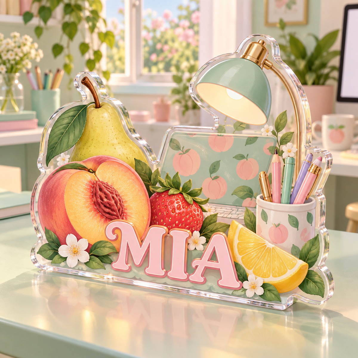 Artwork visualization: Pastel fruit desk — home office desk refresh, personalized MIA, subject-shaped acrylic with printed optical 3D depth; not carved relief.
