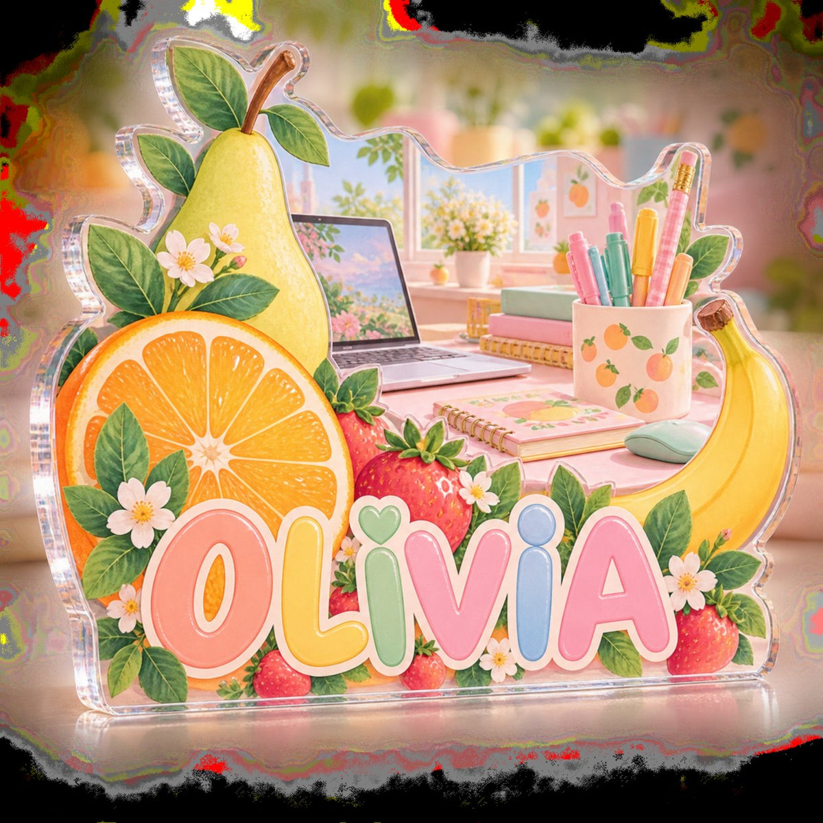 Personalized Pastel Fruit Desk Workstation custom shape acrylic plaque with an example name set into the artwork, digital preview